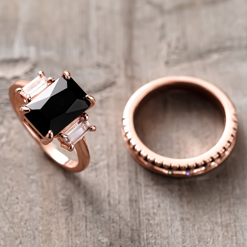 3pc Vintage Inlay Black Synthetic Zircon Square Ring Set